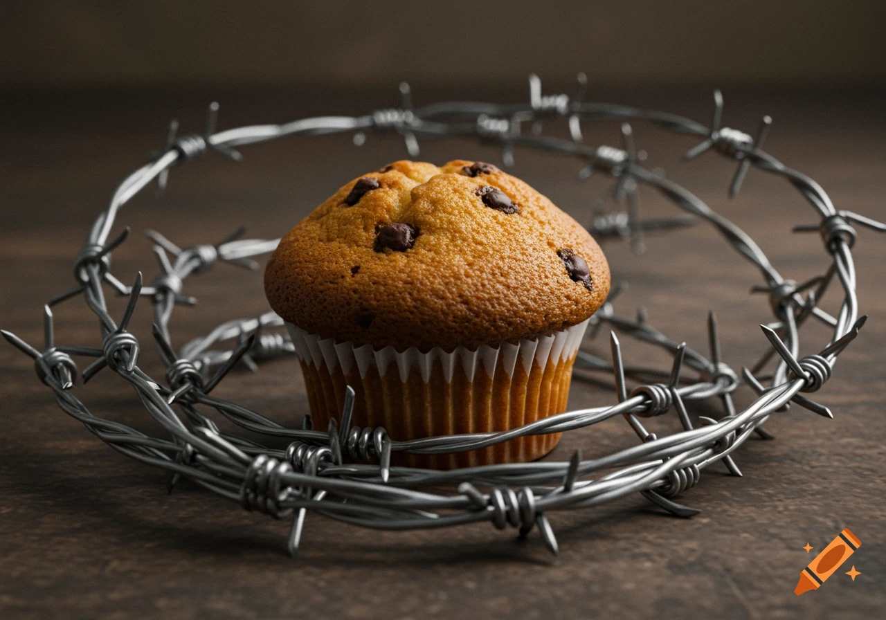 A photorealistic chocolate chip muffin encircled by barbed wire on a dark wooden surface.