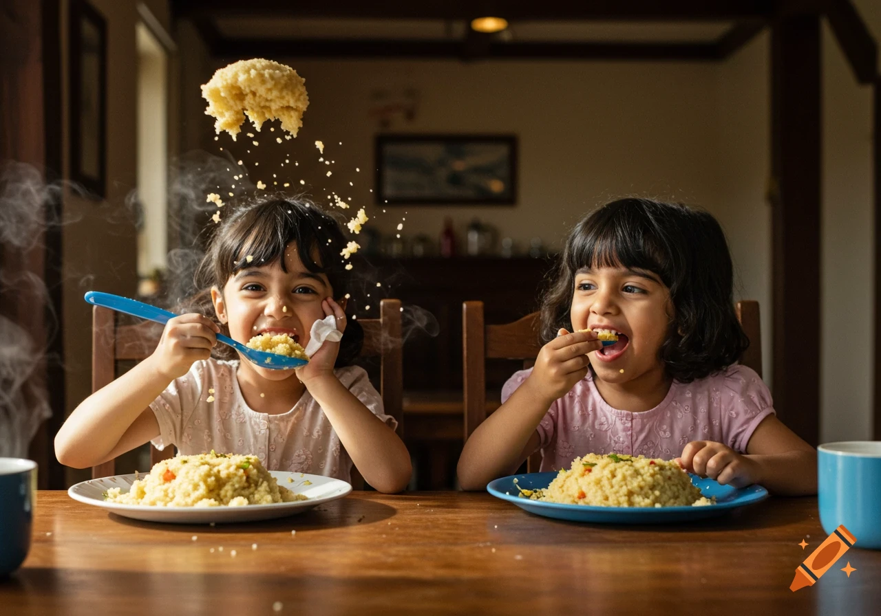Two young girls eating at a table, one playfully throwing food from her spoon, creating a messy scene, in a photorealistic style.