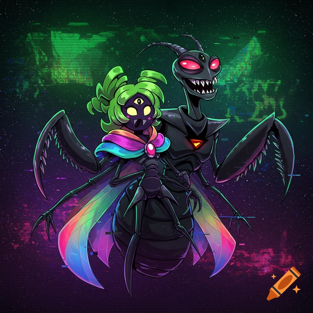 A stylized dark cartoon depicts two insectoid monsters, one small with green hair and rainbow wings, the other a tall mantis-like creature, against a glitchy space background.