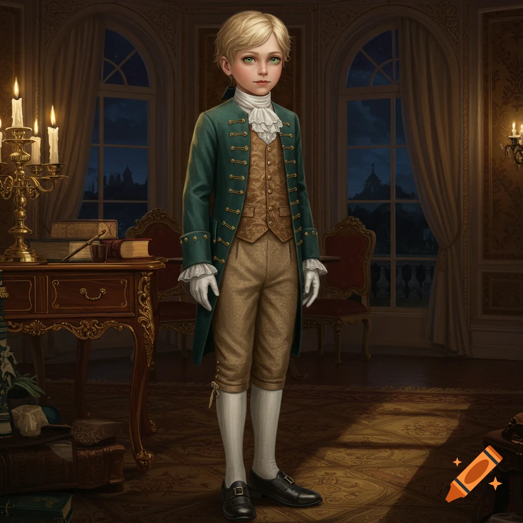 A blonde, green-eyed noble boy in a green frock coat and breeches stands in an ornate baroque study at night.