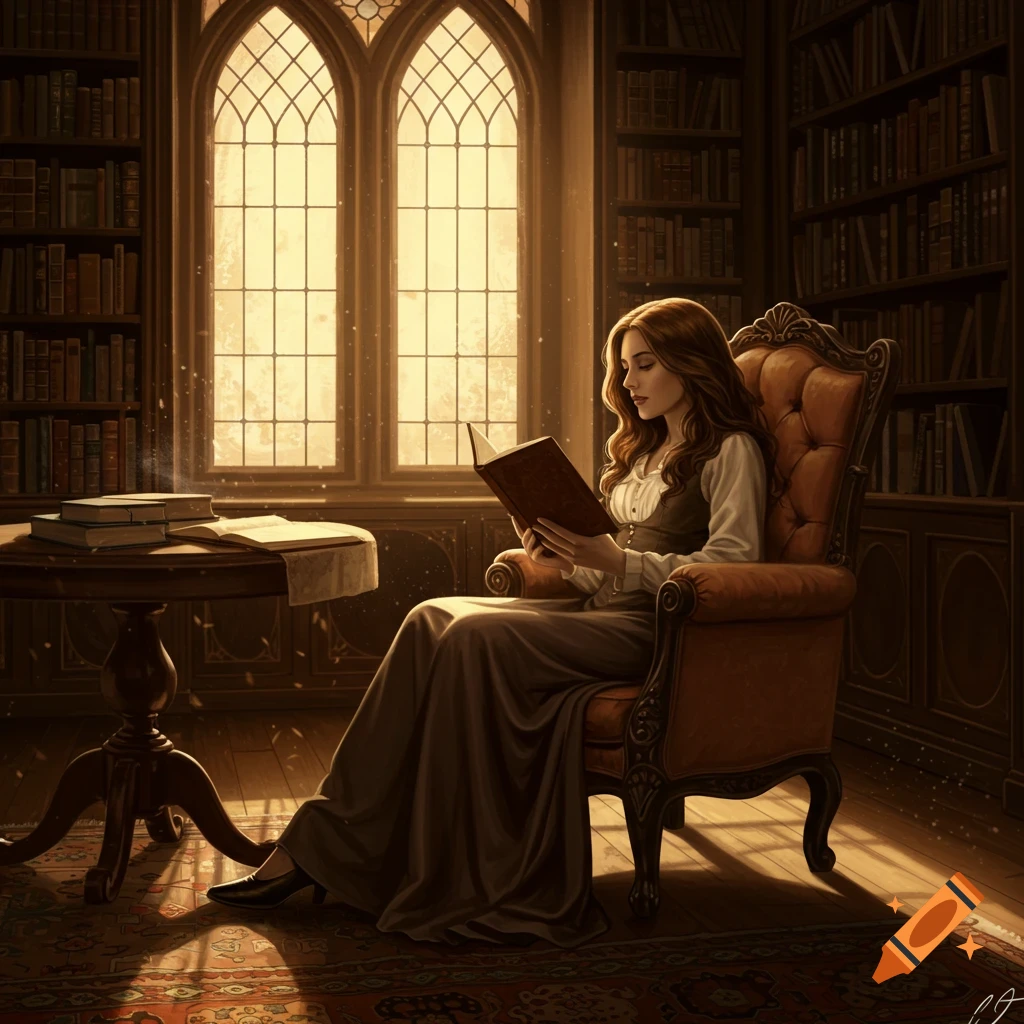 An illustration of a woman in a long dress reading a book in a grand library with sunlit arched windows.
