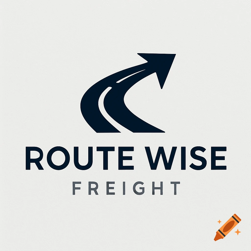 A logo for 'Route Wise Freight' featuring a dark blue arrow-shaped road curving upwards on a light gray background.