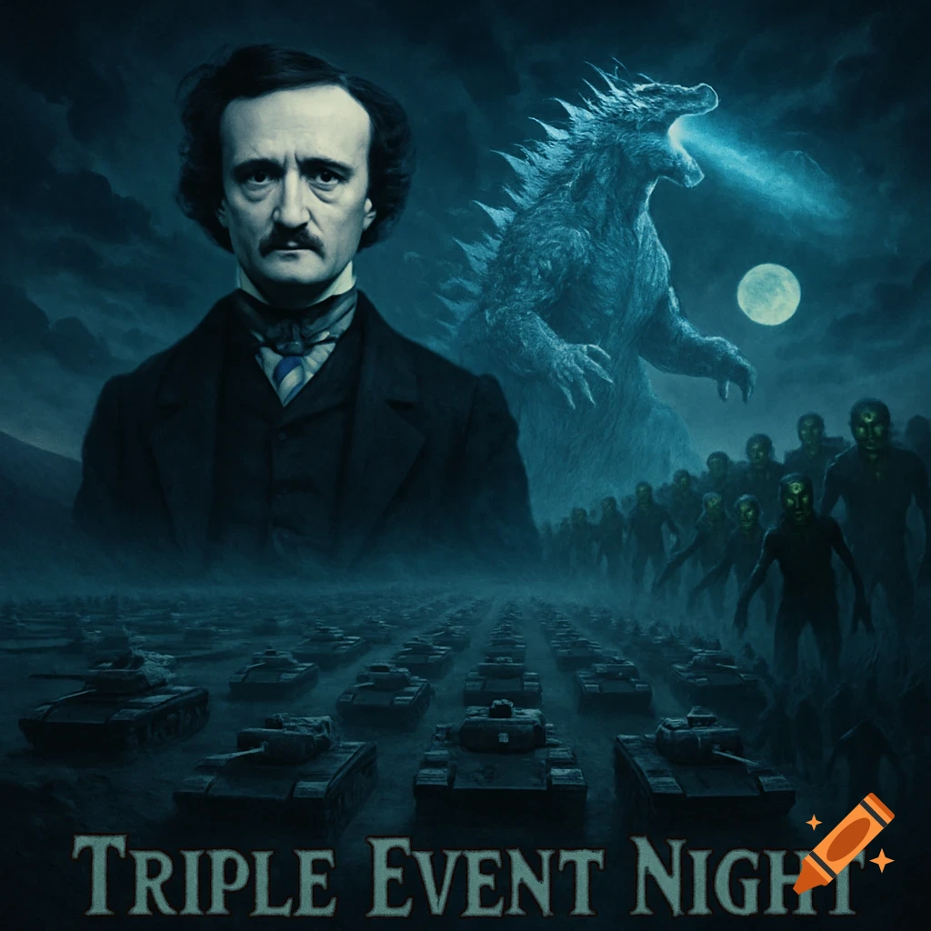 Edgar Allan Poe, Godzilla, and a zombie horde loom over an army of tanks under a full moon, with 'Triple Event Night' at the bottom.