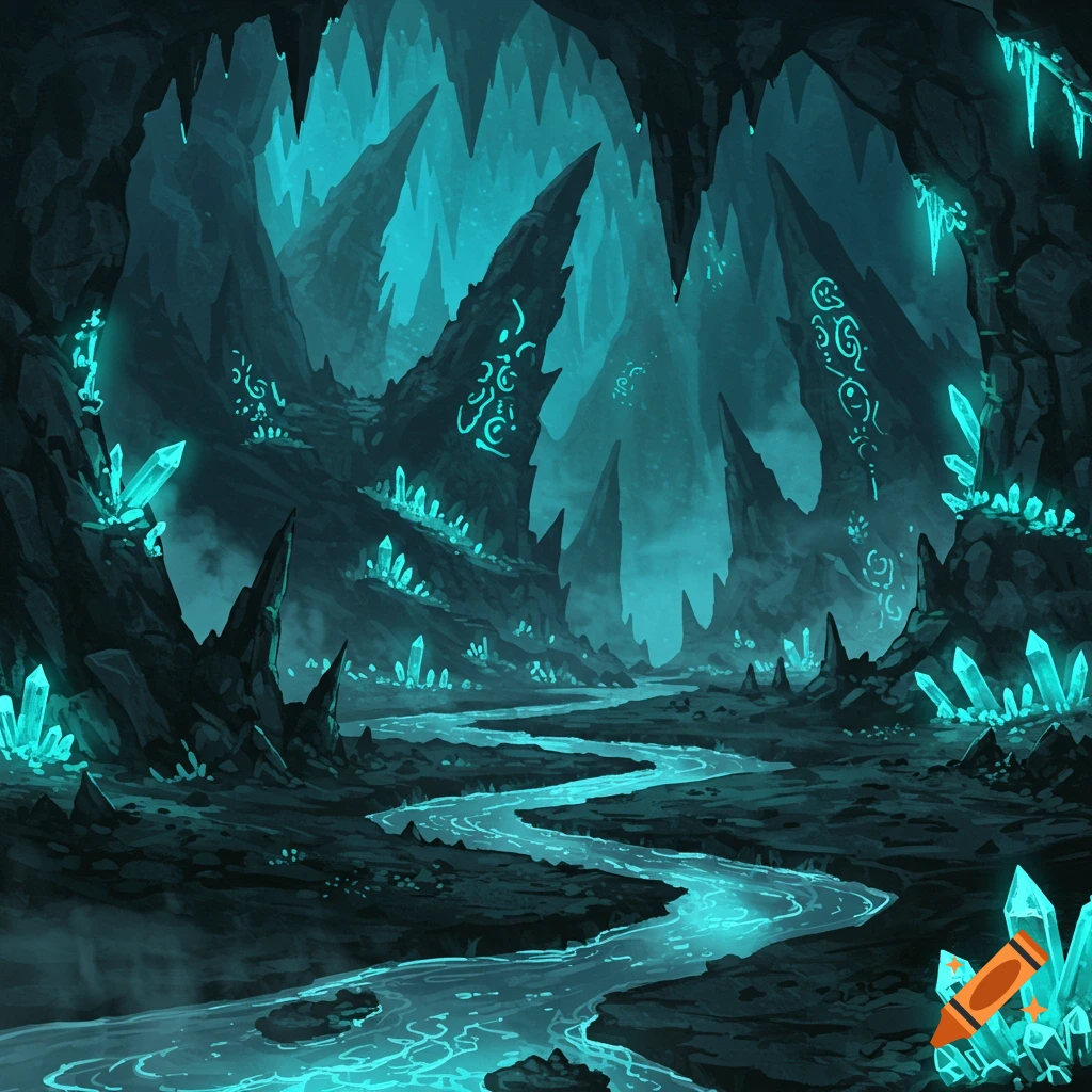 Fantasy digital art of a dark glowing cave with turquoise crystals, a winding luminous river, and mysterious runes on rock formations.