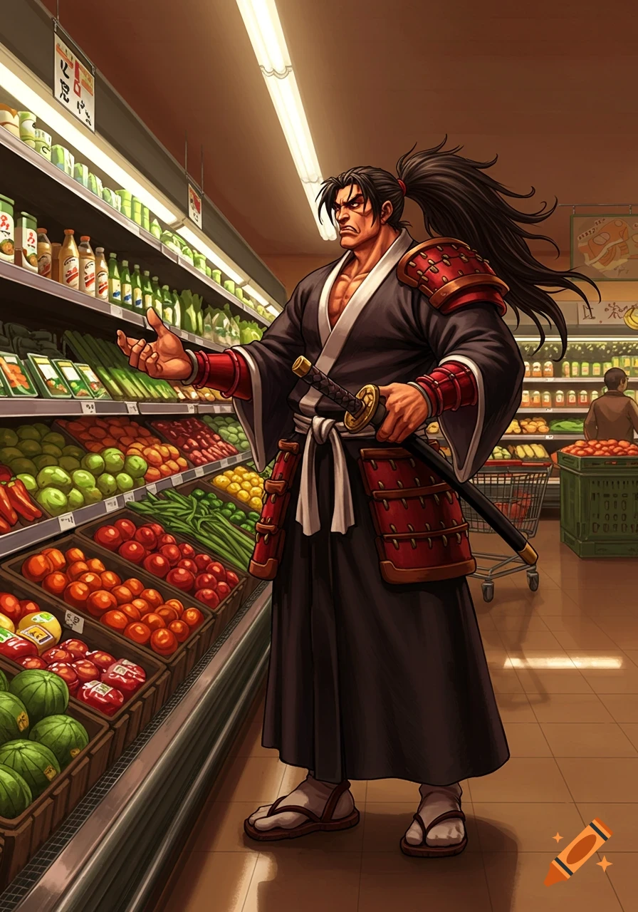 Anime-style male samurai character in armor and kimono stands in a modern grocery store aisle, looking at fresh produce.