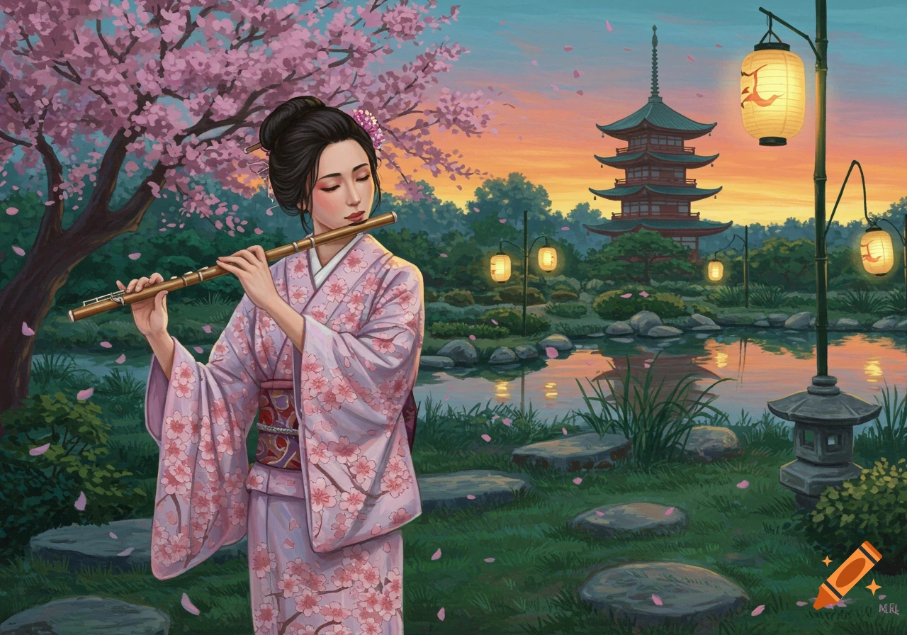 A woman in a pink floral kimono plays a flute in a serene Japanese garden with a pagoda, cherry blossoms, and lanterns at sunset in a painted style.