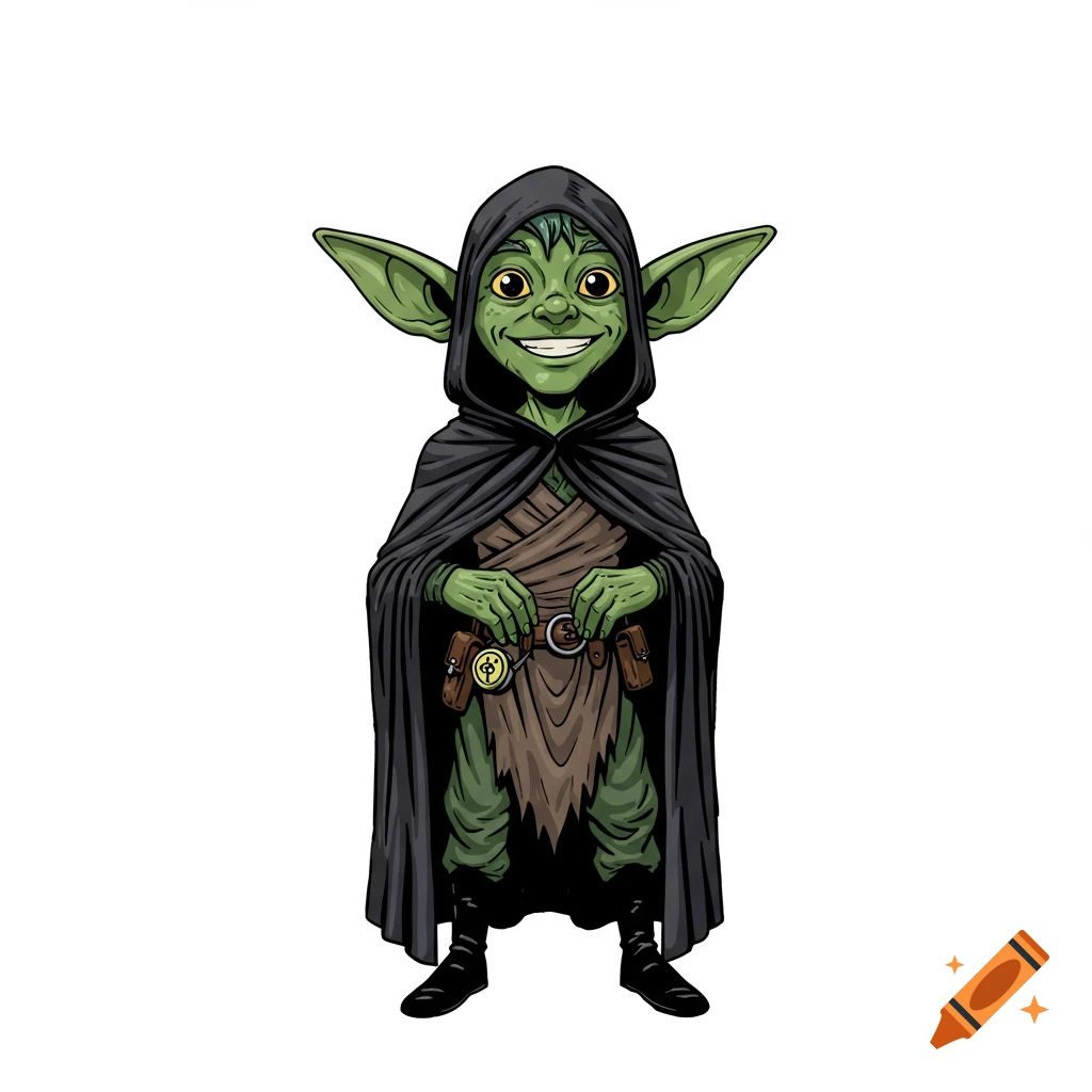 A smiling, green-skinned goblin character in a black hooded cloak and boots, illustrated on a white background.
