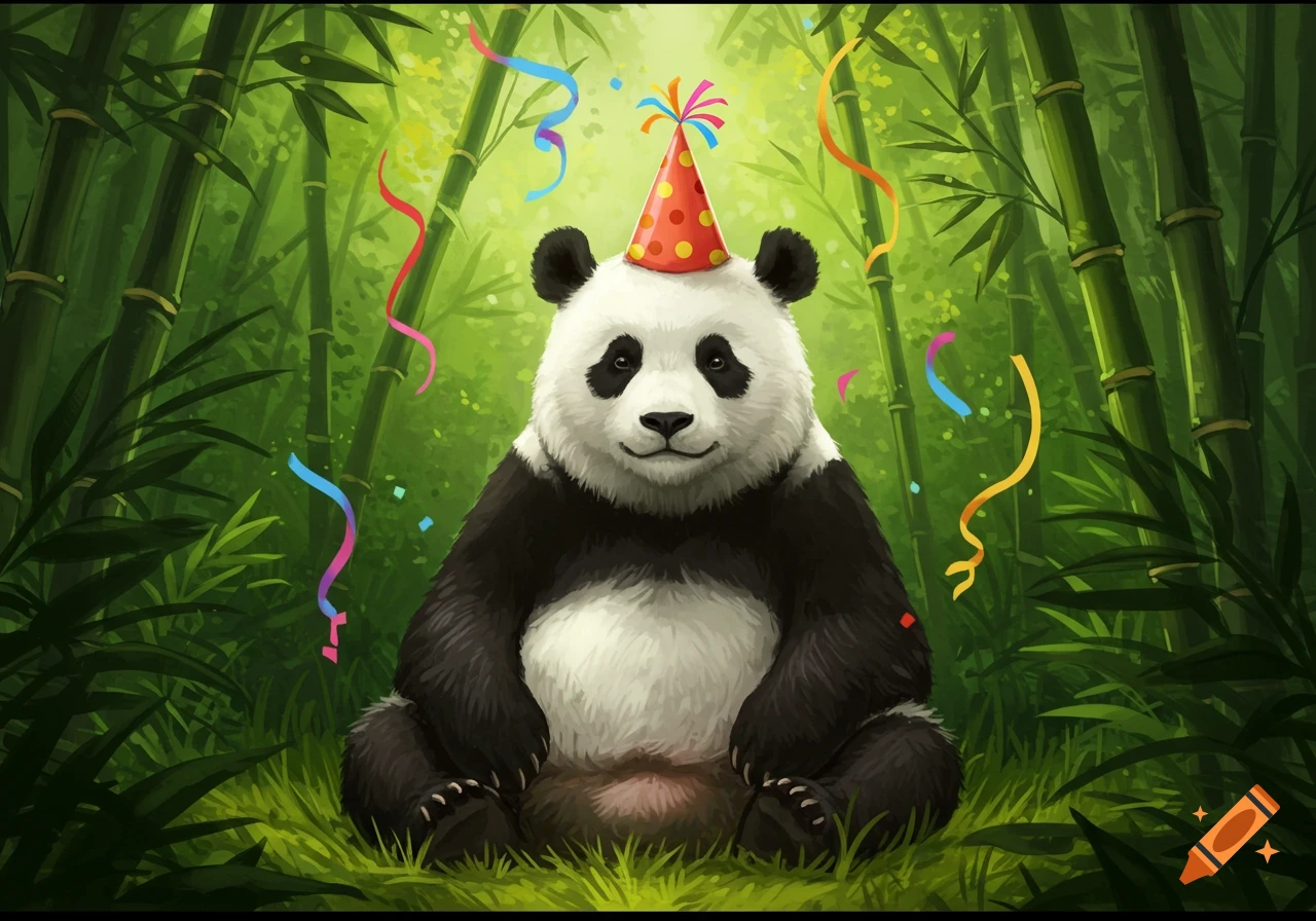A cartoon panda wearing a red party hat sits in a vibrant green bamboo forest, surrounded by colorful streamers and confetti.