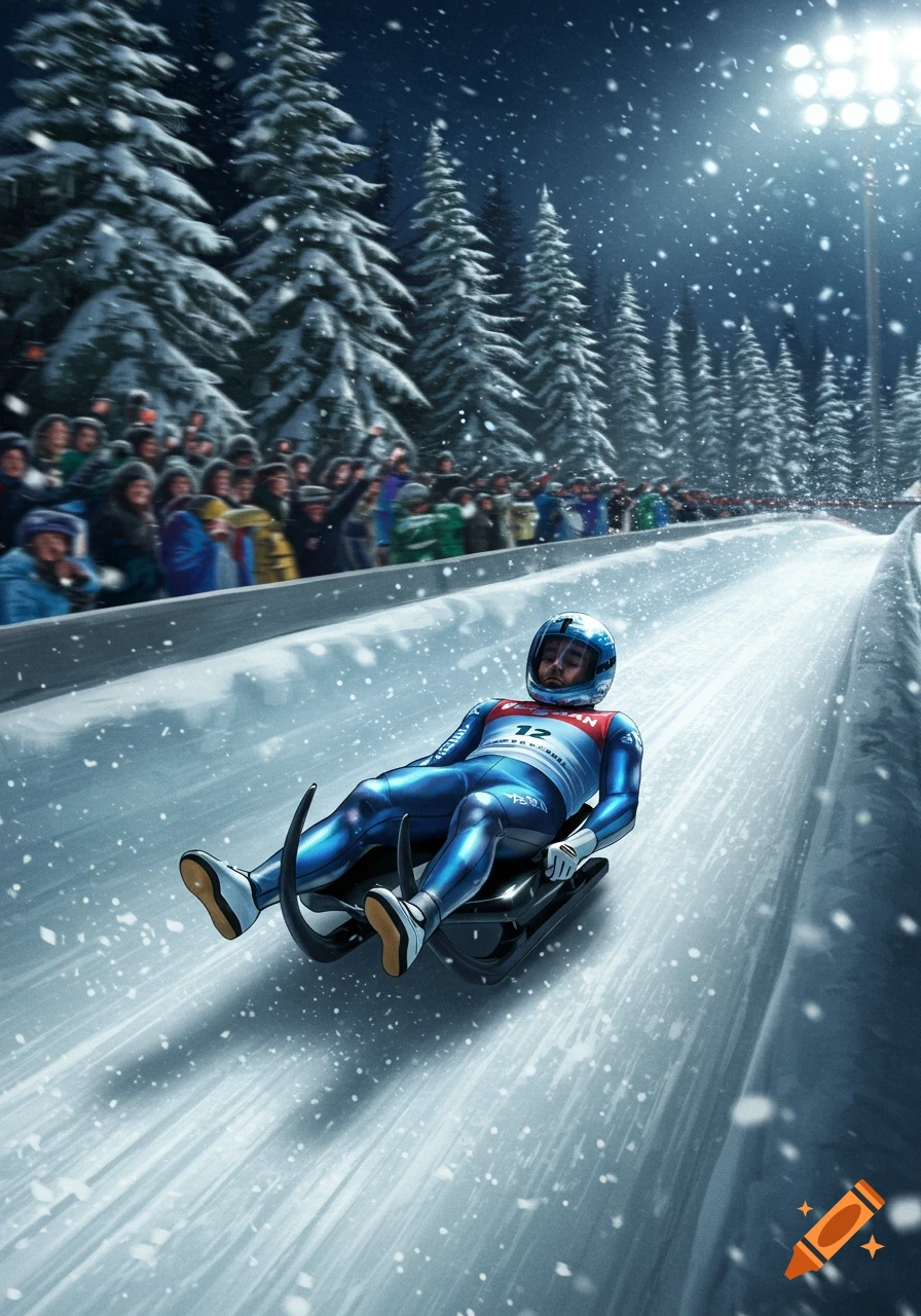 A luge athlete in a blue suit and helmet slides down a snowy track at night, with spectators and snow-covered trees in the background.