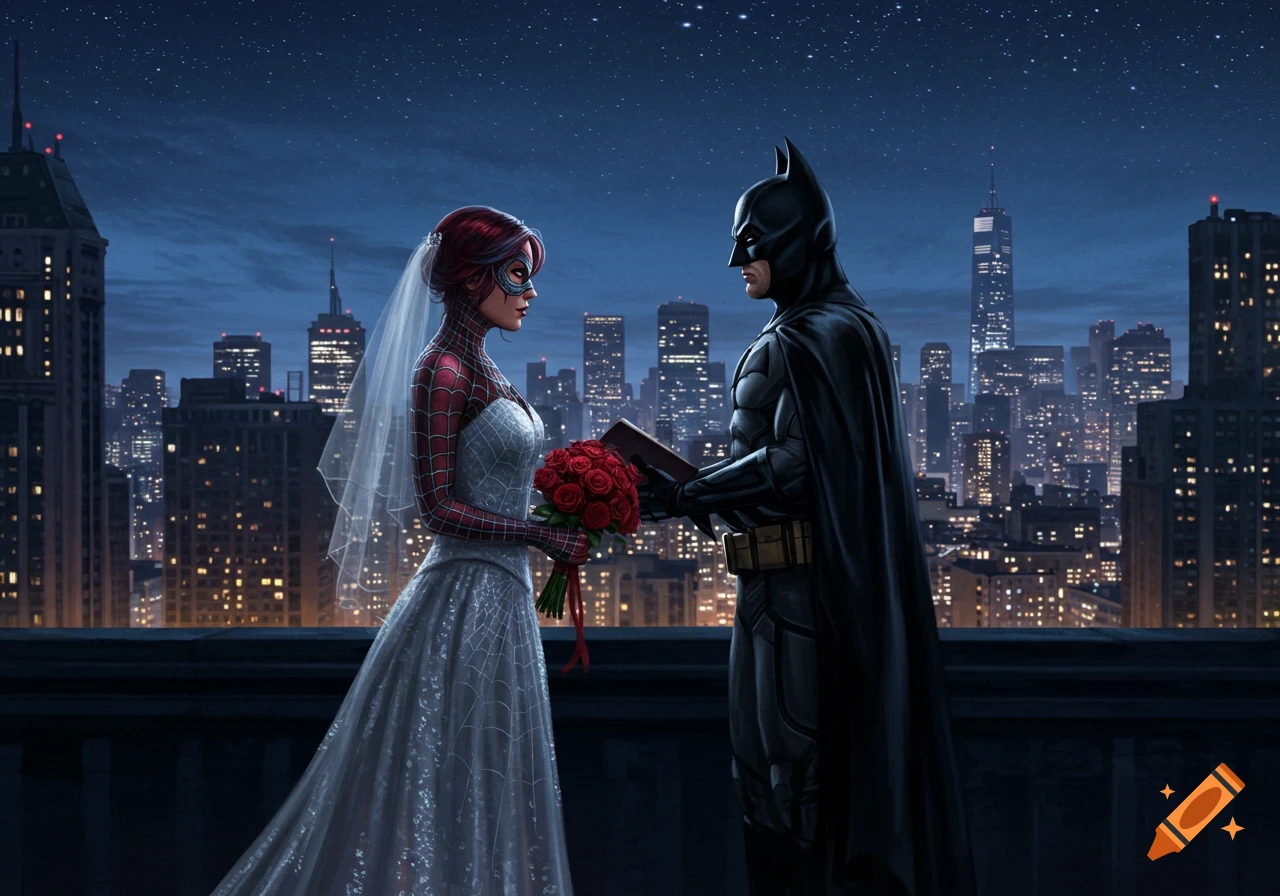 Batman and Spider-Woman in a wedding dress hold a ceremony on a rooftop overlooking a city skyline at night.