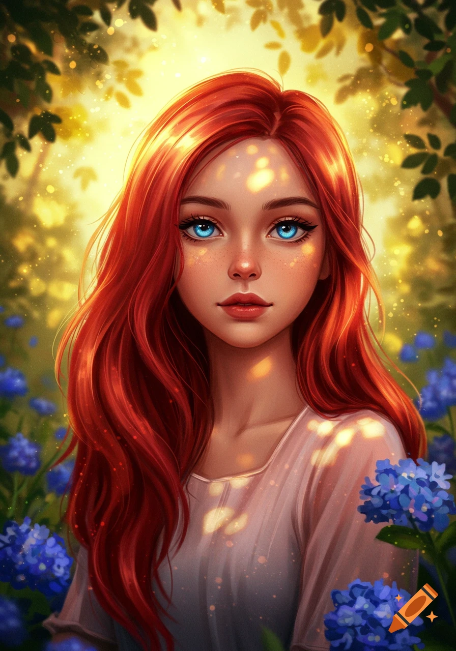 A stylized portrait of a girl with long, wavy red hair and bright blue eyes, in a glowing forest with blue flowers.