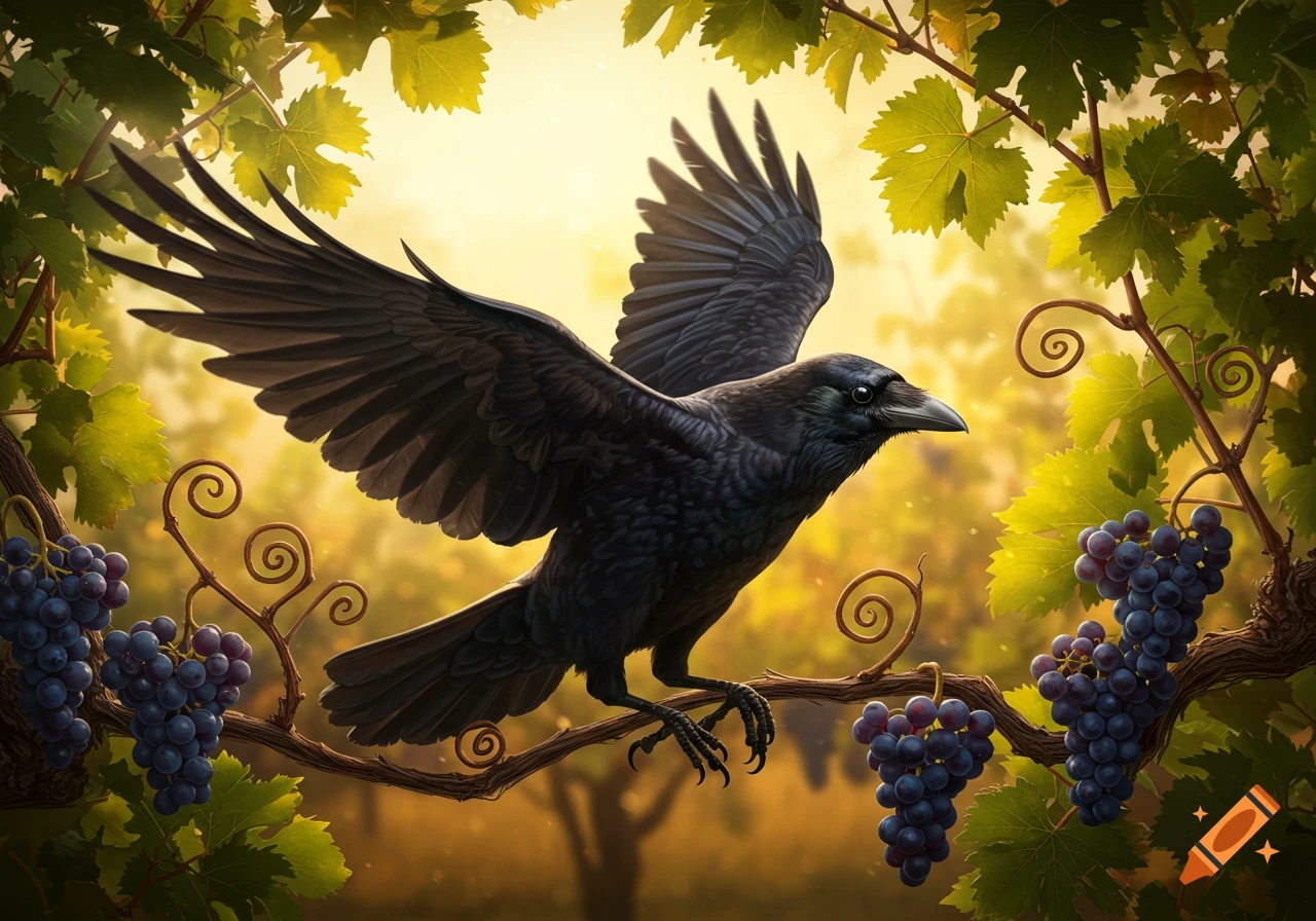 A black crow with spread wings lands on a grape vine branch with green leaves and purple grapes against a golden, blurry background.