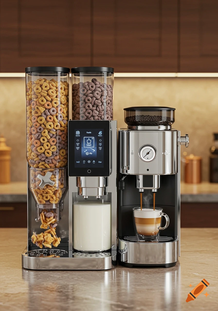 A futuristic all-in-one kitchen appliance with two clear dispensers full of cereal, a milk dispenser, and a coffee machine pouring coffee into a mug, set on a kitchen counter.
