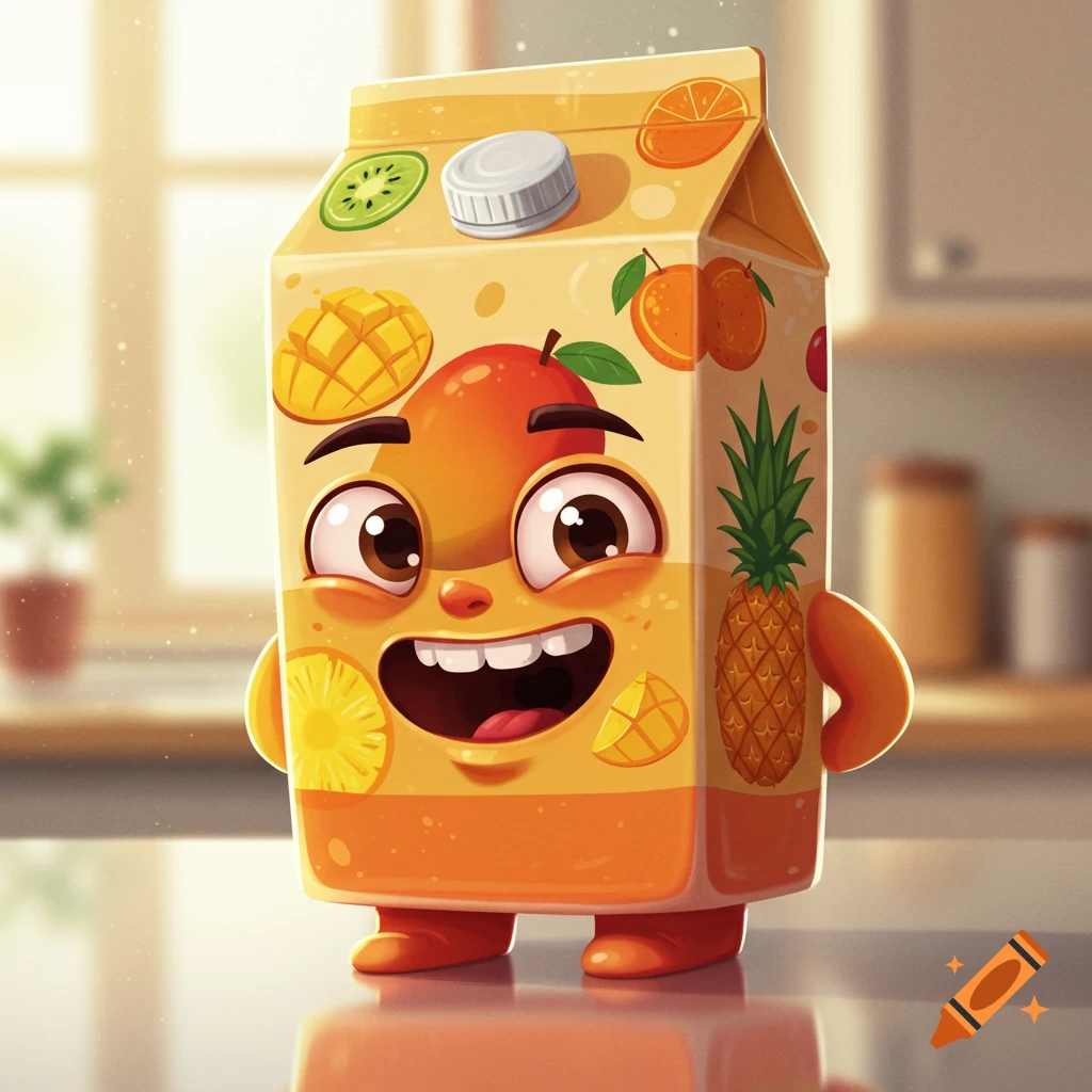 A vibrant, smiling cartoon juice box character decorated with mango, pineapple, kiwi, and orange fruits, standing on a reflective surface.