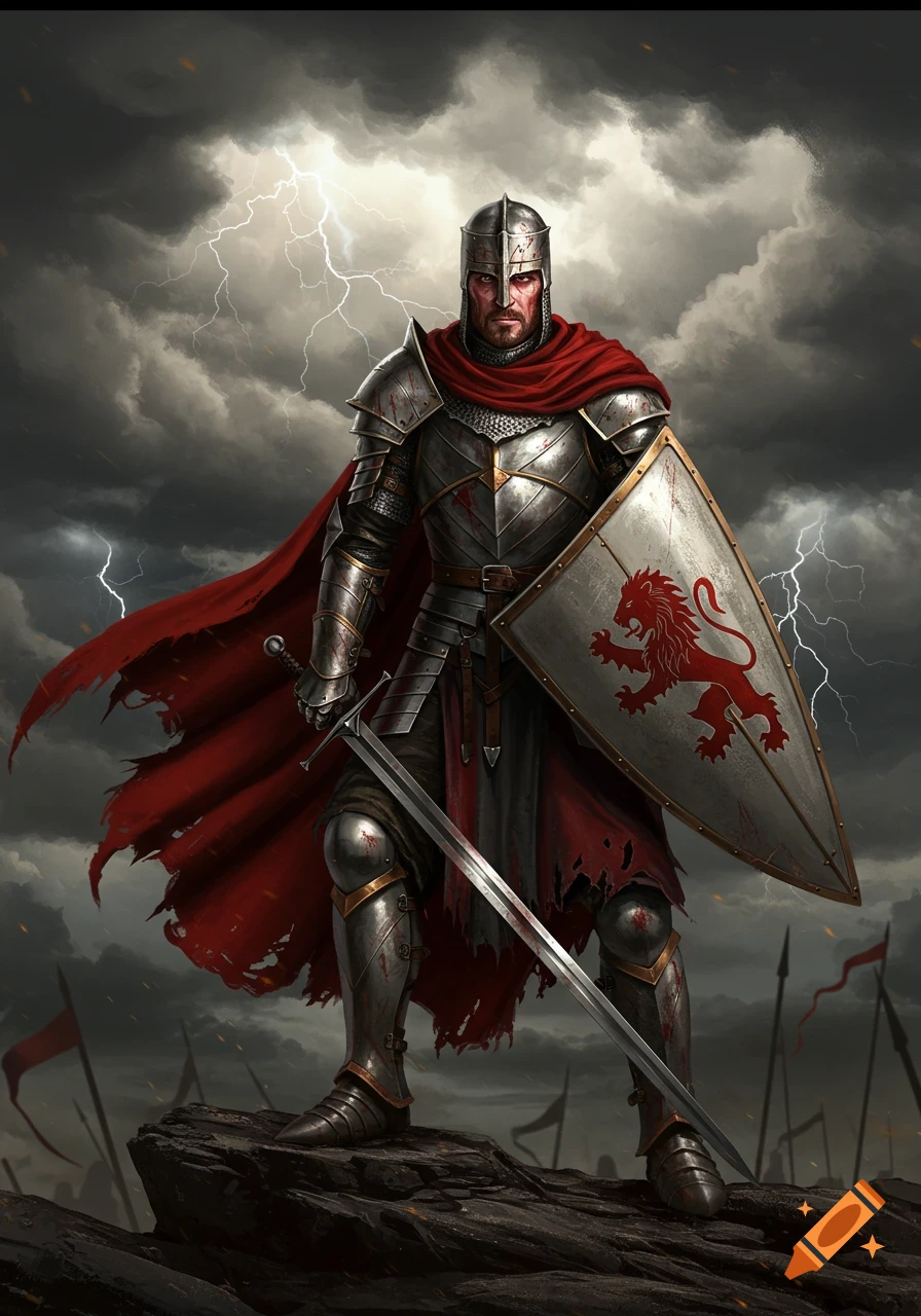 An imposing knight in blood-splattered armor with a lion shield and drawn sword stands on a battlefield under a stormy sky.