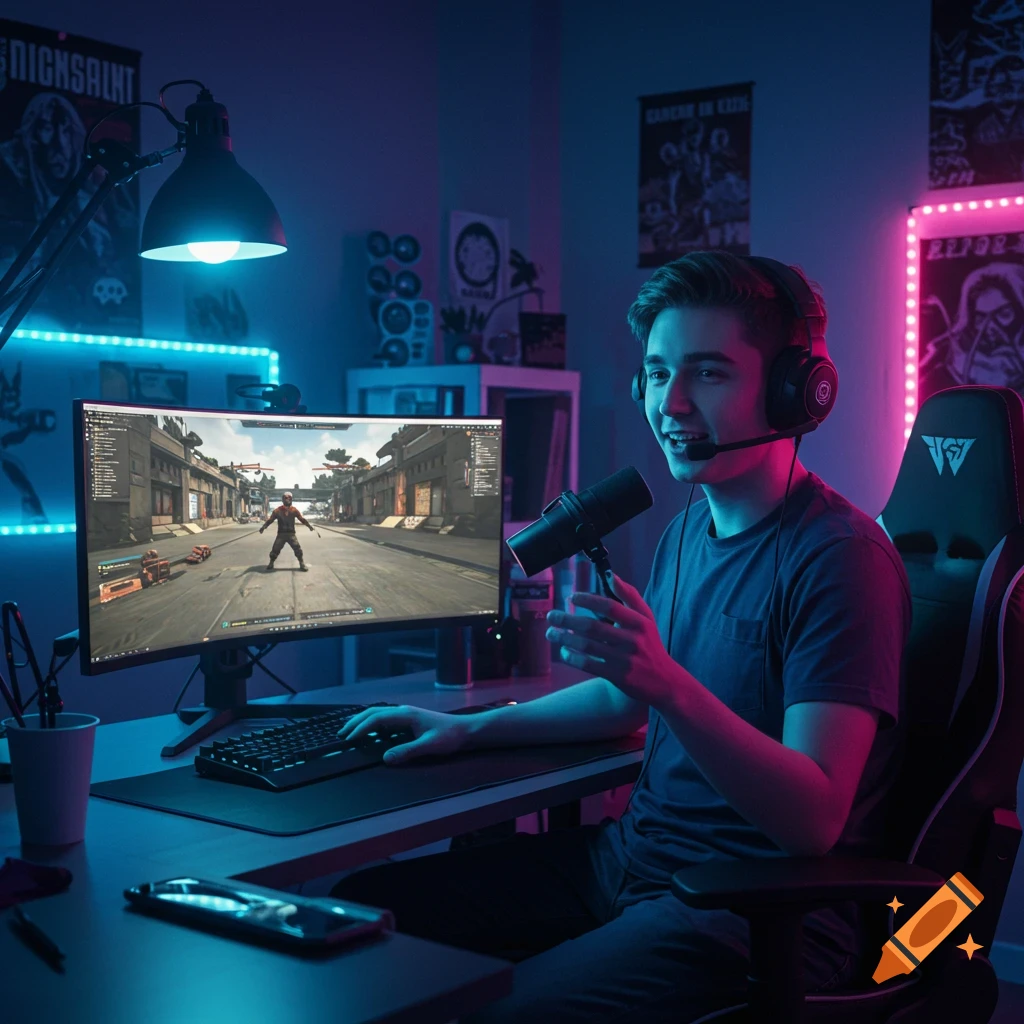 A smiling young male gamer wearing headphones and a headset, sitting in a gaming chair at a desk with a monitor, keyboard, and microphone, in a room lit with neon blue and pink lights.