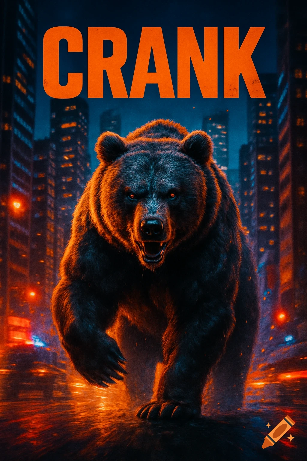 A fierce black bear with glowing red eyes charges down a city street at night, with buildings lit in orange in the background. 'CRANK' in orange text at top.