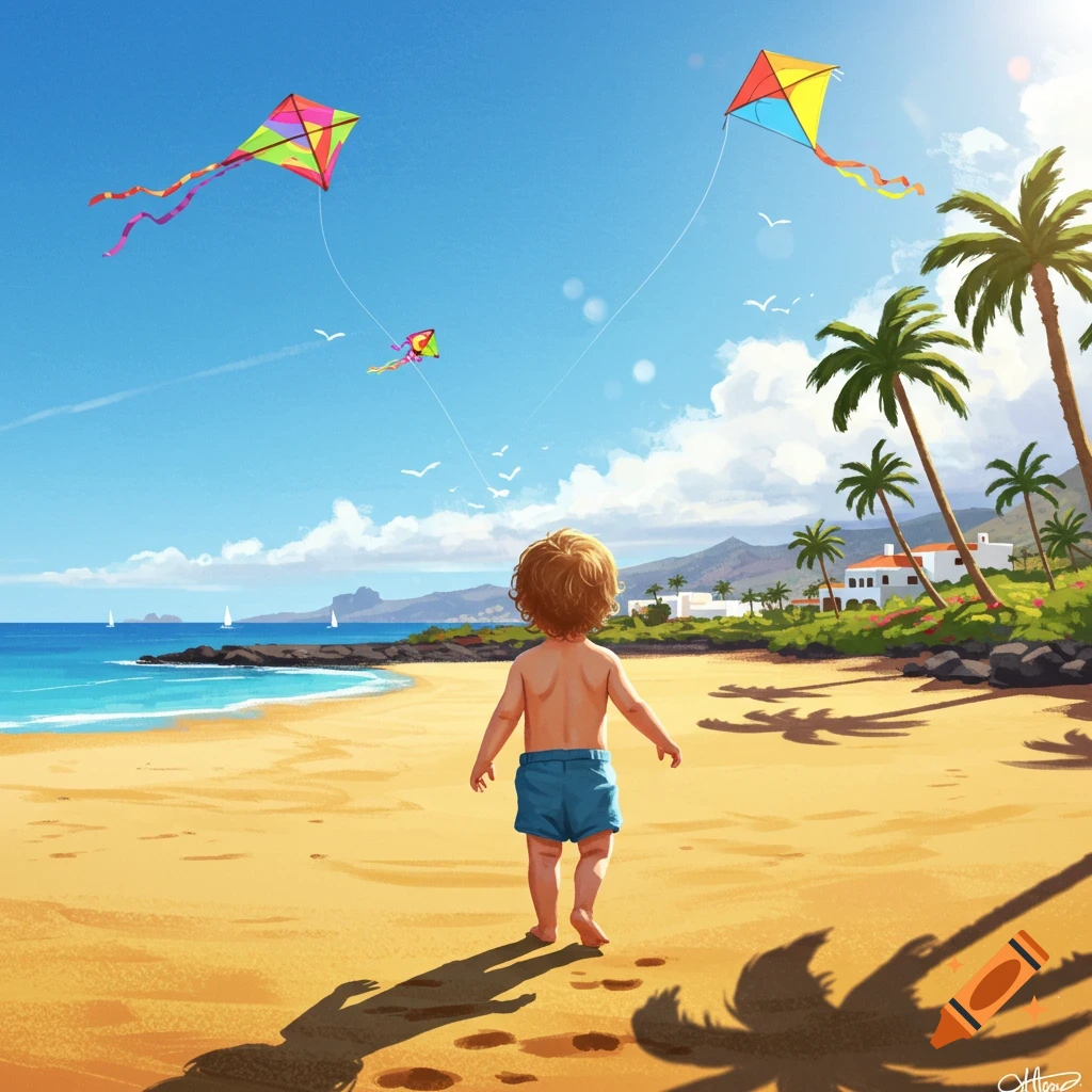 Illustrated view of a child in blue shorts walking on a sunny beach with kites flying and palm trees.