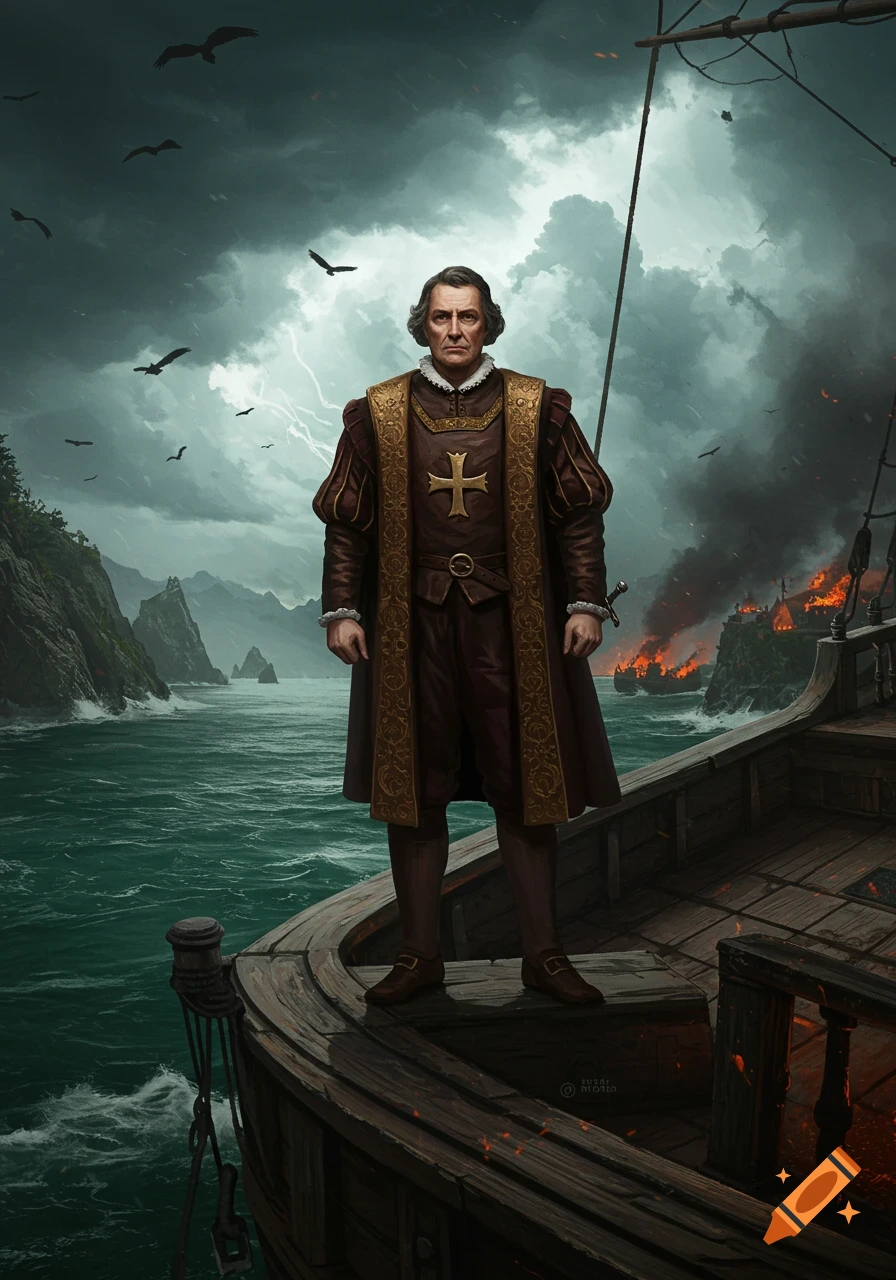 A digital painting of Christopher Columbus standing on a ship, overlooking a stormy sea and a burning coastal settlement.