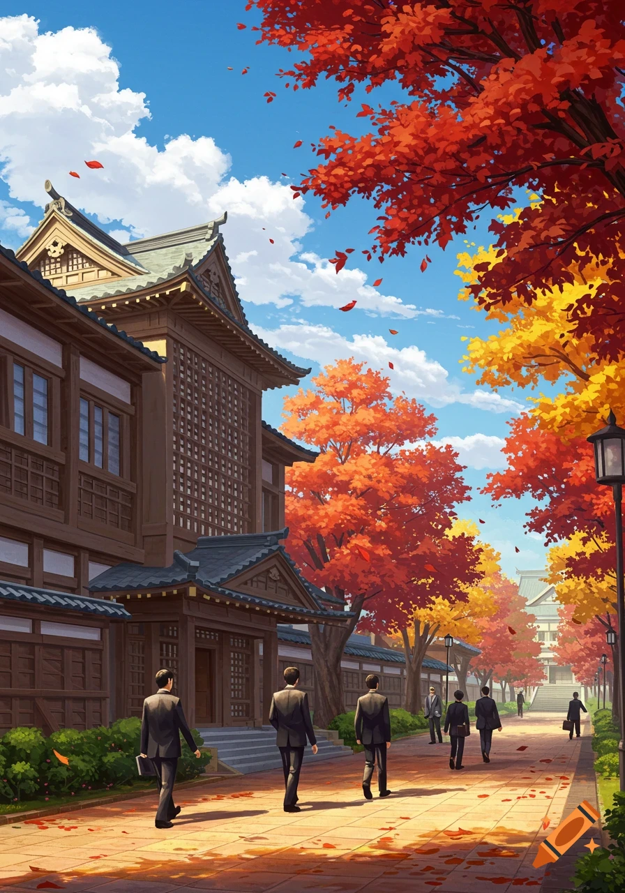 Anime illustration of traditional Japanese buildings on a sunny autumn day, with students walking along a path lined with vibrant maple trees.