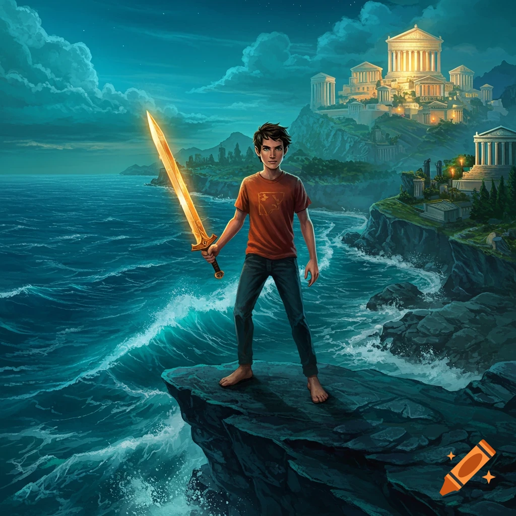 A young man with a glowing golden sword stands barefoot on a rocky cliff overlooking a rough sea with a classical city on a distant hill.