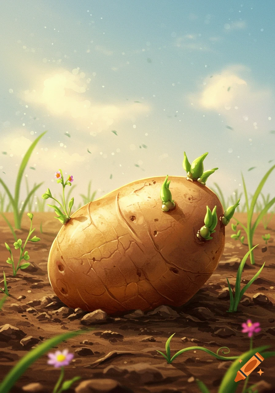 An illustrated potato with green sprouts lies on brown soil in a sunny field under a blue sky.