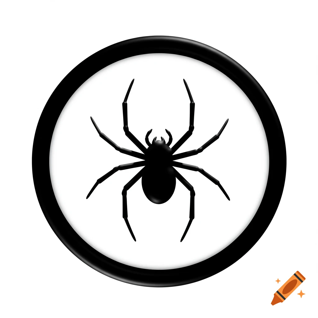 A black spider silhouette centered within a black circular frame on a white background.