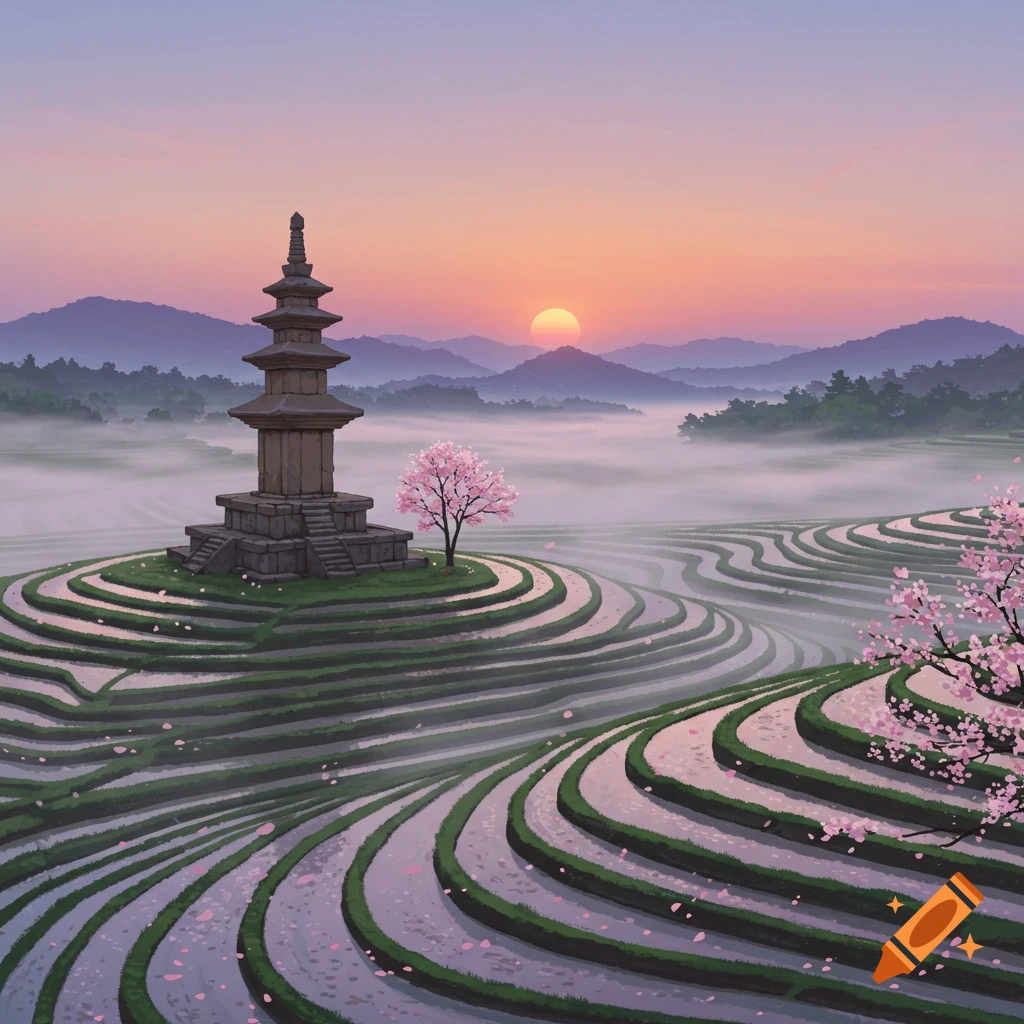 A serene illustrative landscape of a pagoda surrounded by terraced fields, cherry blossoms, and mist at sunset.