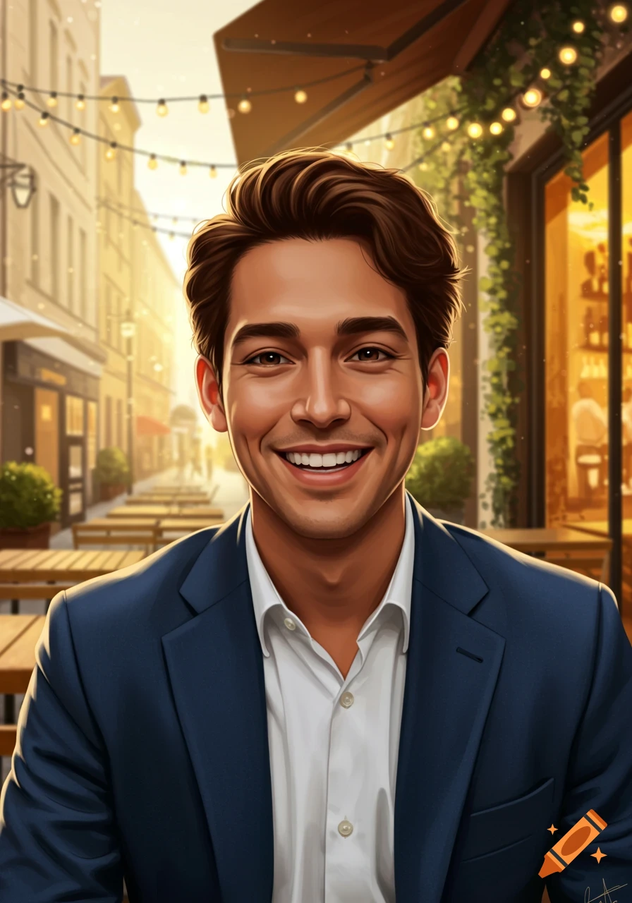 A smiling man in a blue suit and white shirt, with brown hair, sitting at an outdoor cafe with string lights.
