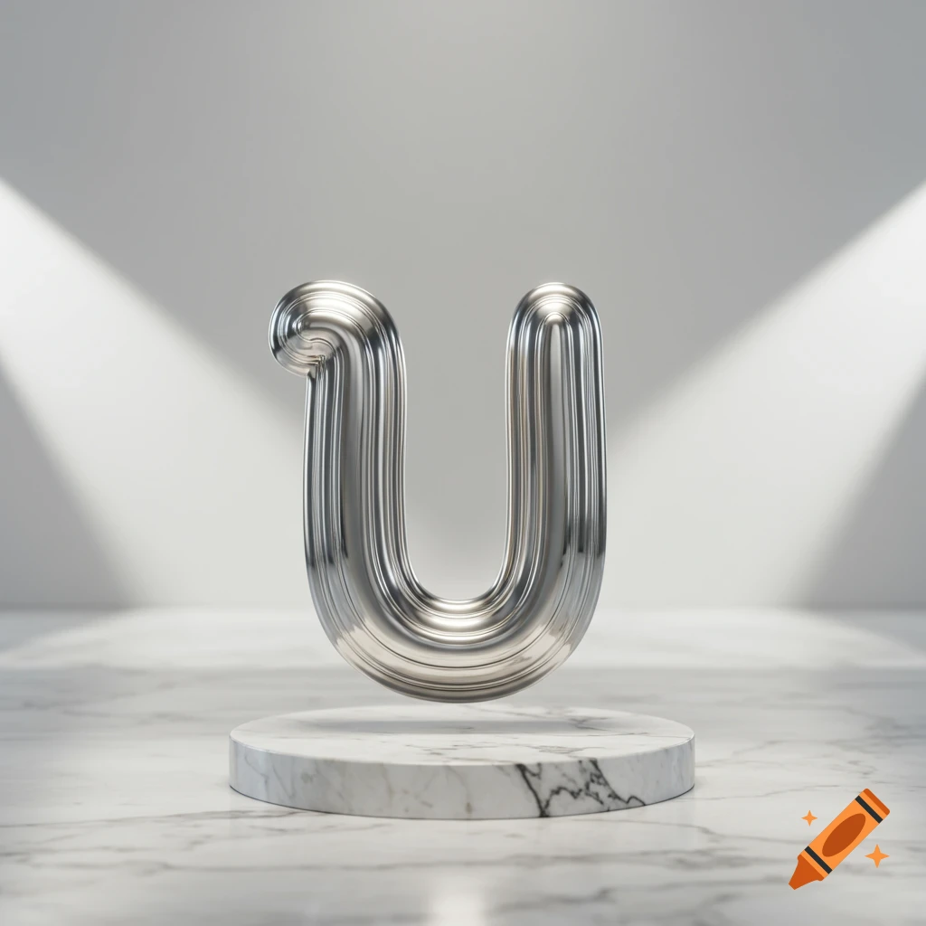 Shiny, ribbed silver letter U floating above a white marble pedestal on a light gray background with spotlights.