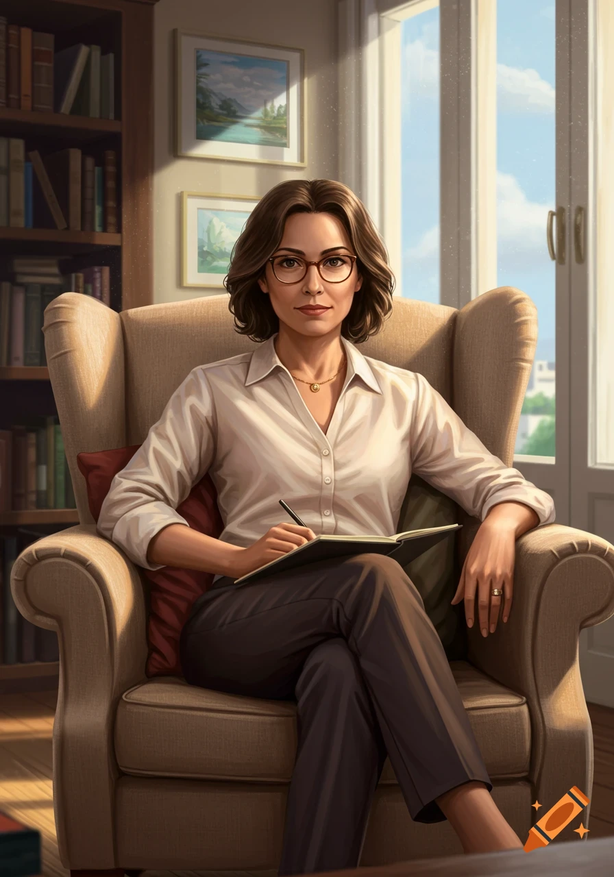 A woman with glasses sits in an armchair, holding a pen and notebook, in a sunlit study with a bookshelf and window.