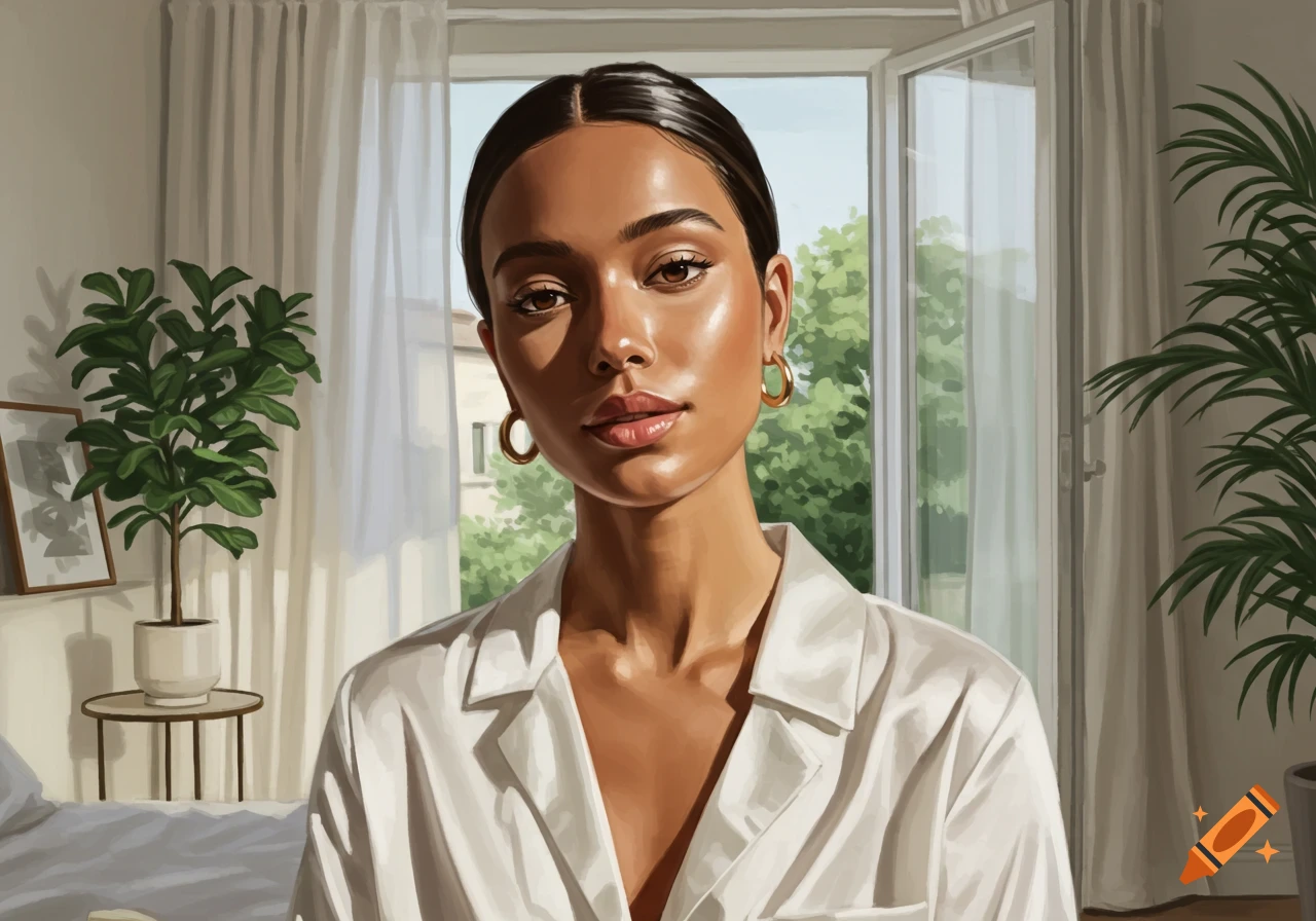 Portrait of a woman with dark hair and gold hoop earrings, wearing a white shirt, illuminated by sunlight from a window behind her, with plants in the room.