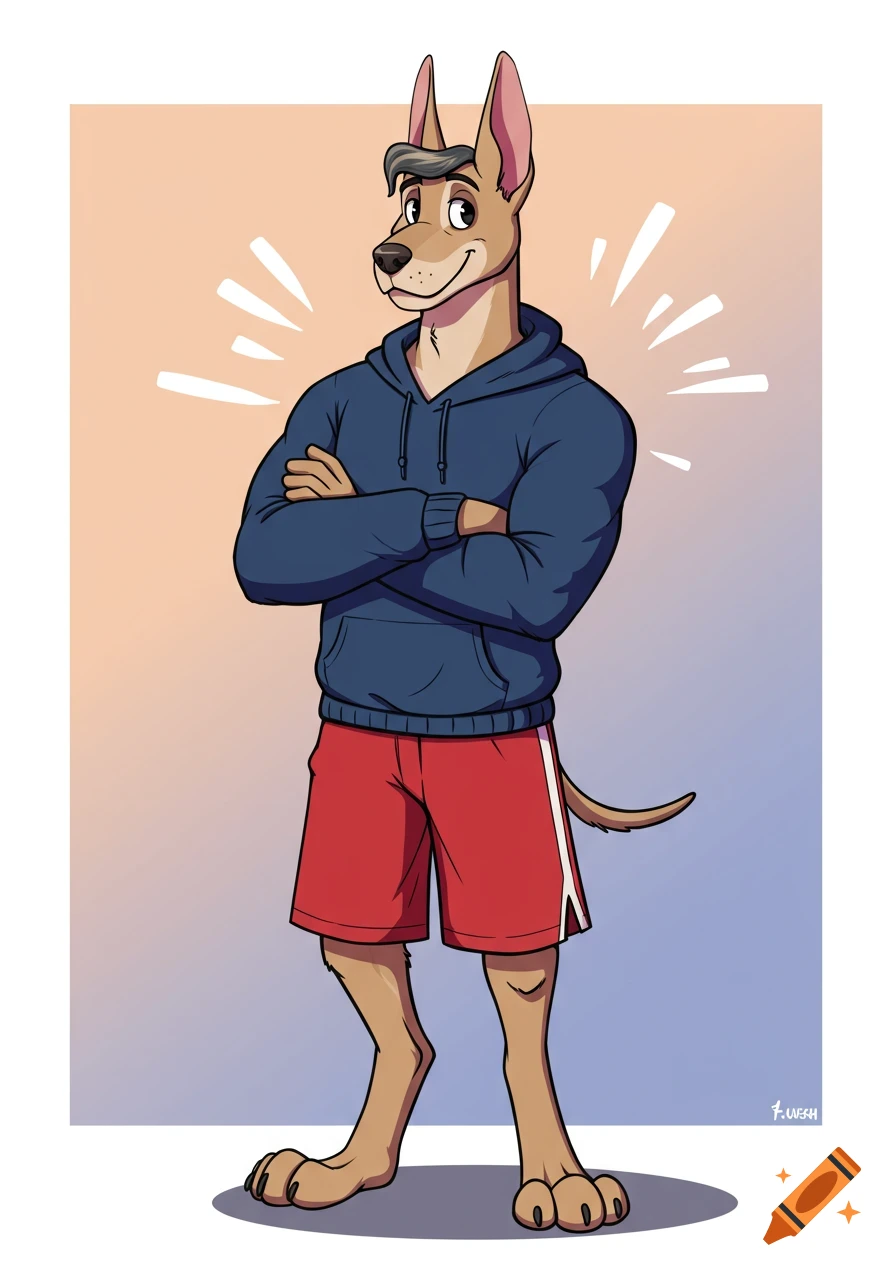 Cartoon anthropomorphic dog in a blue hoodie and red shorts, arms crossed, smiling against a gradient background.
