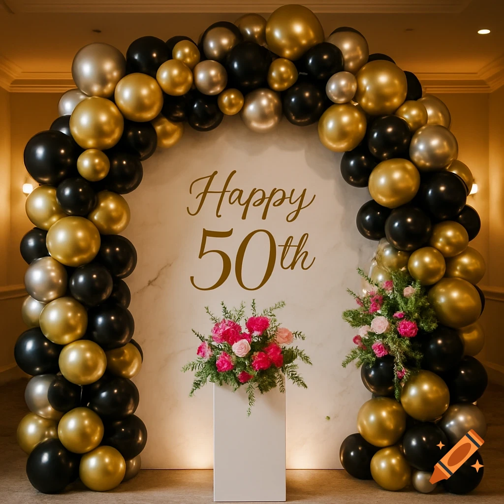 A luxurious black and gold balloon arch frames a white backdrop with "Happy 50th" text, flanked by pink flowers on pedestals.
