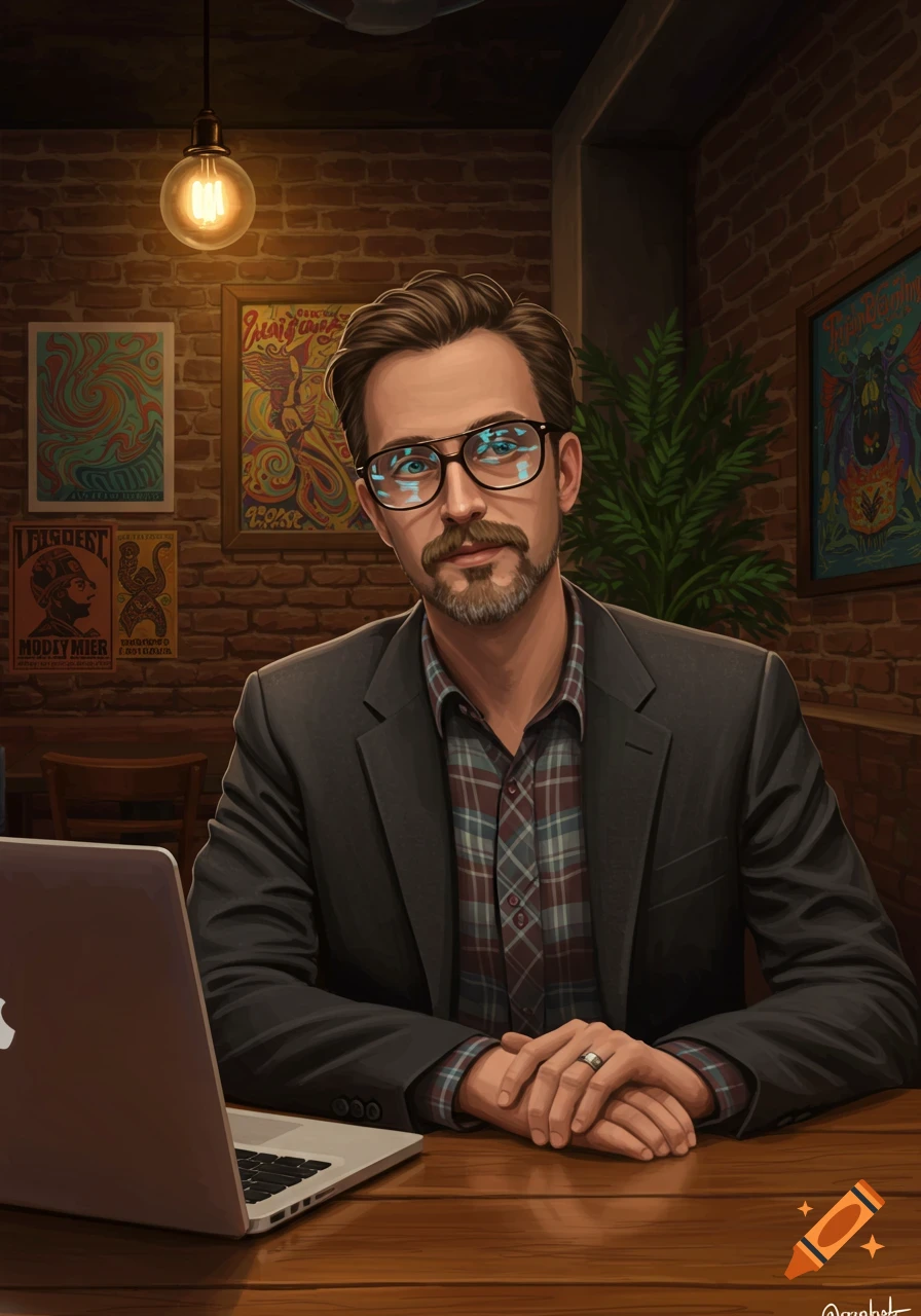 An illustrated portrait of a man with a beard and glasses, wearing a plaid shirt and jacket, sitting at a table with a laptop in a cafe.