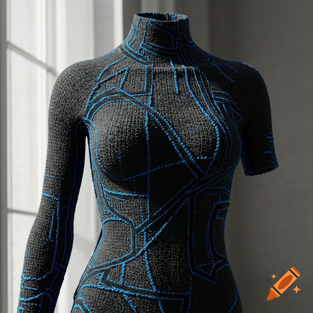 Contemporary dark grey knitted garment with intricate blue abstract patterns, displayed in a well-lit room.