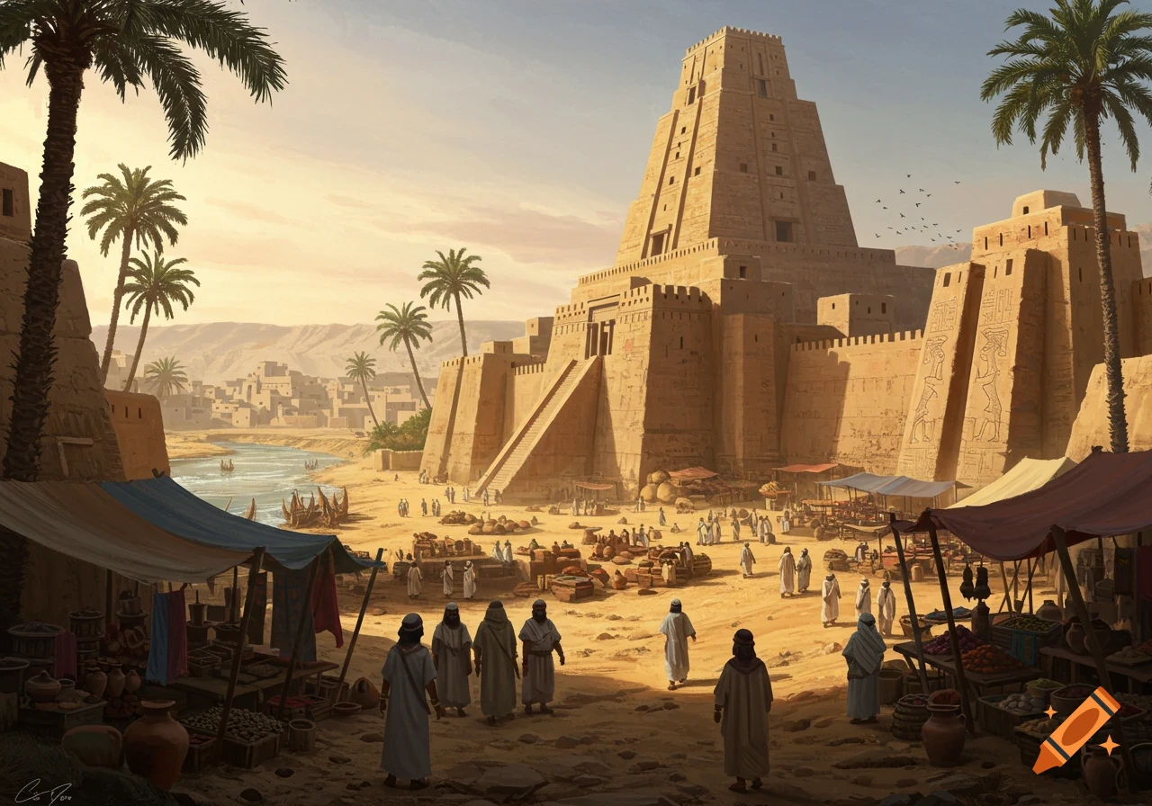 A bustling ancient marketplace in a desert city, featuring a towering ziggurat, fortified walls with carvings, and palm trees under a sunset sky.