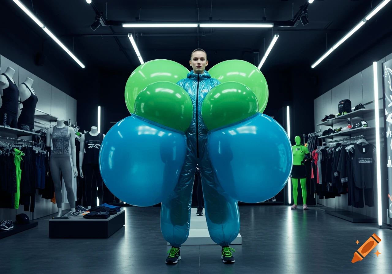 A person in a blue and green inflated suit stands in a dark sportswear shop, surrounded by mannequins and clothing racks.
