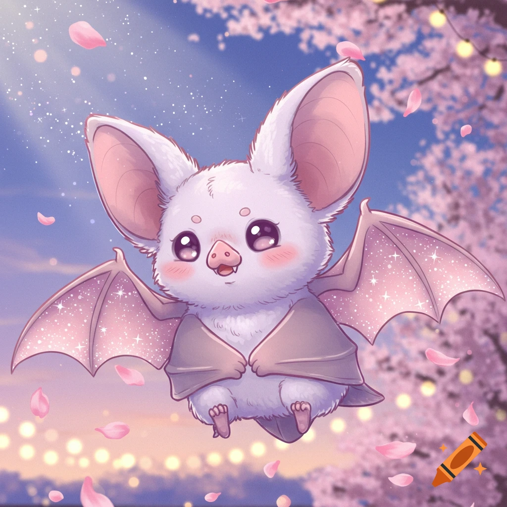 An adorable, fluffy white bat with large pink ears and sparkling pink wings flies among pink cherry blossoms against a soft blue sky.