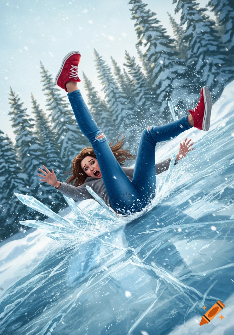 A young woman in jeans and red shoes screams as she slides down an icy, snowy hill with pine trees in the background.