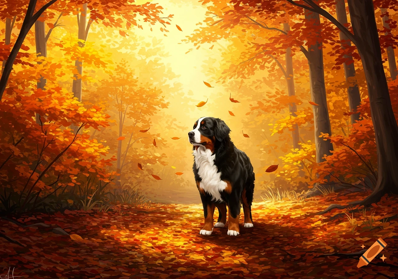A Bernese Mountain Dog stands on a path covered in orange and yellow leaves in a vibrant autumn forest.