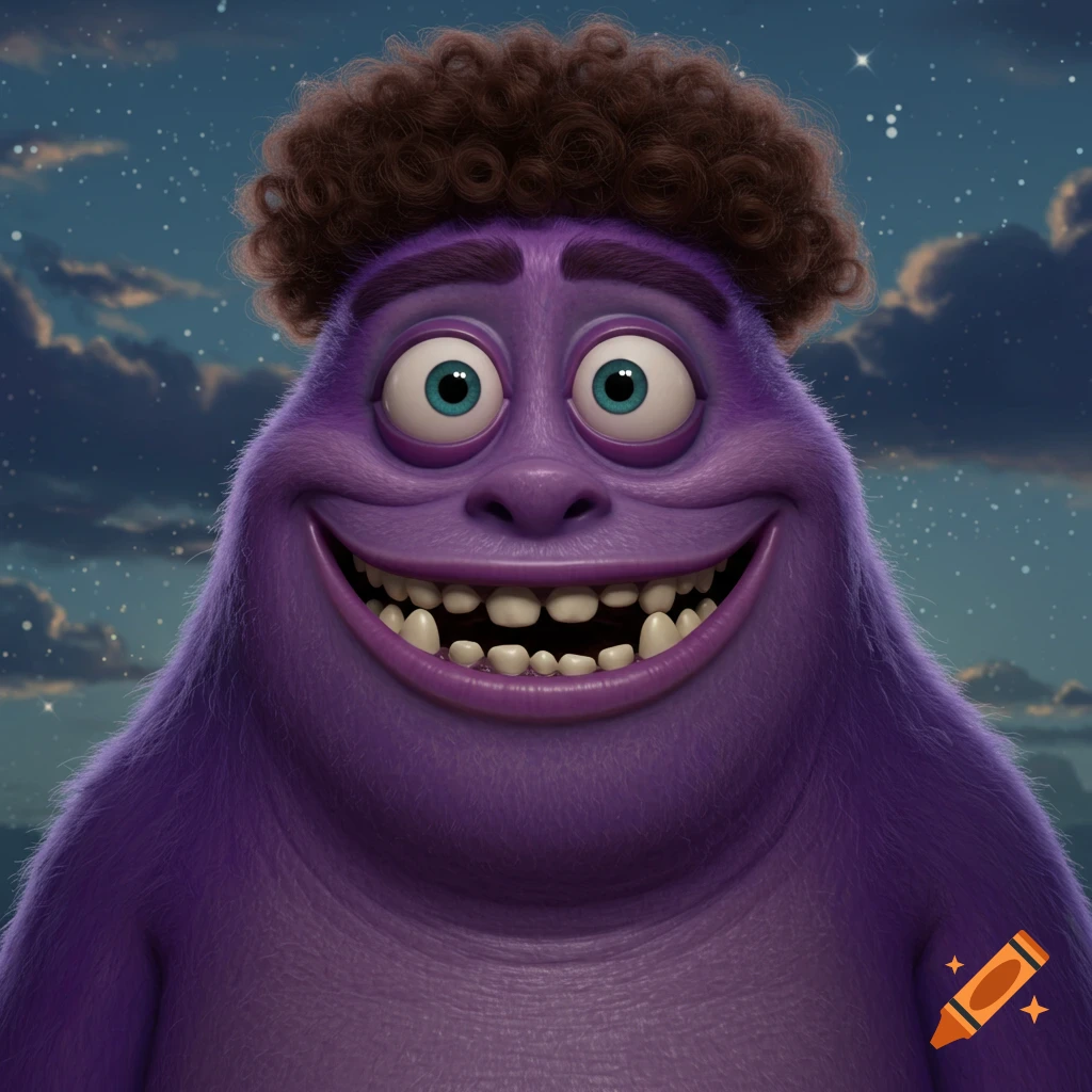 A smiling purple monster with two blue eyes, curly brown hair, and irregular teeth against a starry night sky.