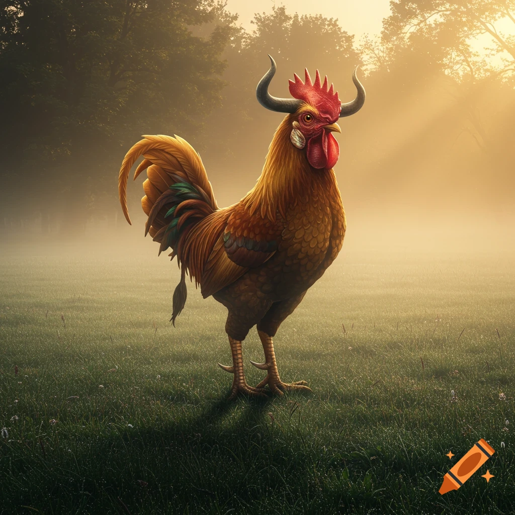 A photorealistic rooster with bull horns and face stands in a misty, grassy field at sunrise, illuminated by golden light.