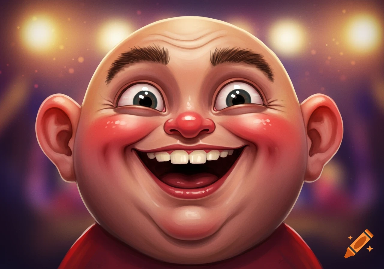 A cartoonish, bald, rosy-cheeked face with wide eyes and a huge, toothy smile, against a blurry background.