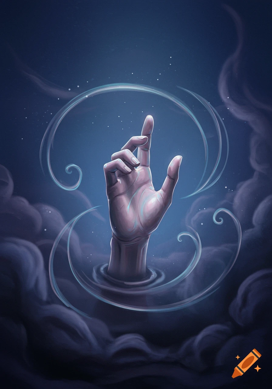 An illustrated hand emerges from dark clouds or water, reaching upwards, surrounded by glowing blue swirling lines and stars.