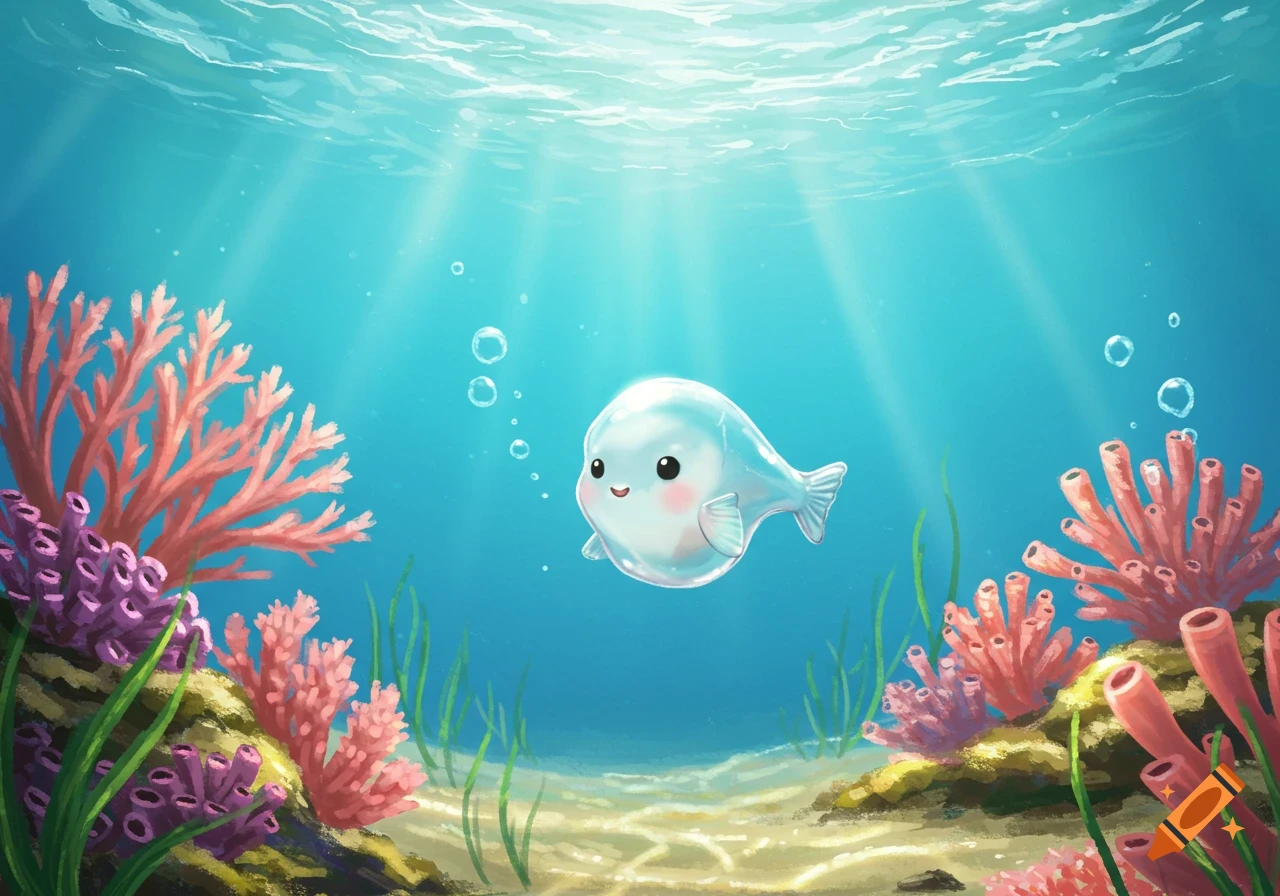 A cute, translucent, bubbly moon fish with rosy cheeks swims in a vibrant underwater scene with colorful coral, seaweed, and sun rays beaming through the water.
