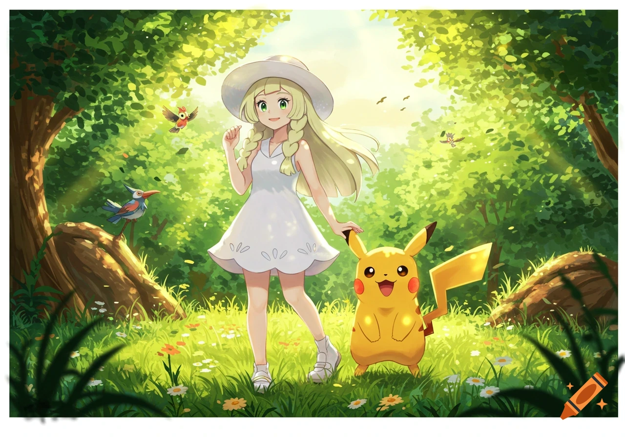 Lillie and Pikachu stand in a lush, sunlit forest with birds and flowers, in anime style.