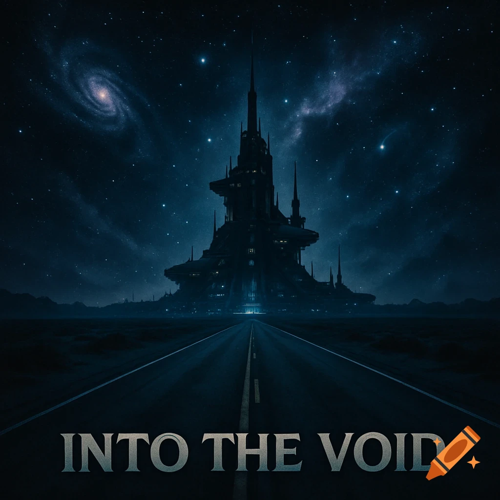 A highway leads to a towering futuristic spaceport under a dark starry night sky with a spiral galaxy. Text reads 'INTO THE VOID'.