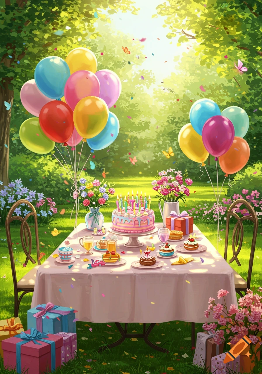 A vibrant, stylized illustration of an outdoor birthday party with a cake, colorful balloons, presents, and flowers on a table in a sunlit garden.