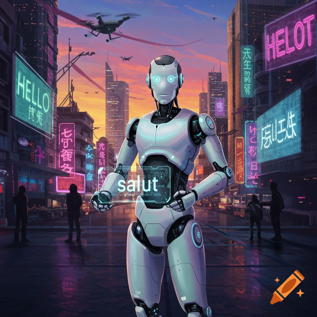 A robot holding a glowing display showing 'salut' in a futuristic cyberpunk city with neon signs and drones at sunset.